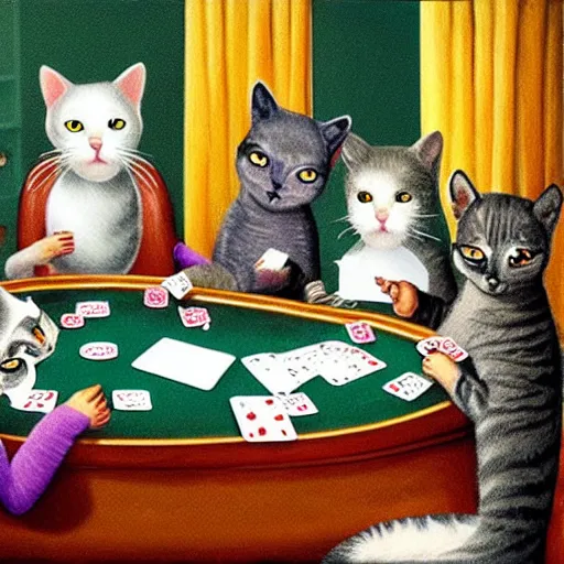 Prompt: cats playing poker, real live scene,