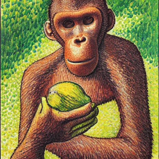 Image similar to photorealistic australopithecus holding a banana in modern - day france. by paul signac