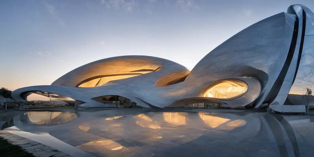 Image similar to extremely detailed ornate stunning beautiful elegant futuristic museum exterior by Zaha Hadid, stunning volumetric light, sunset