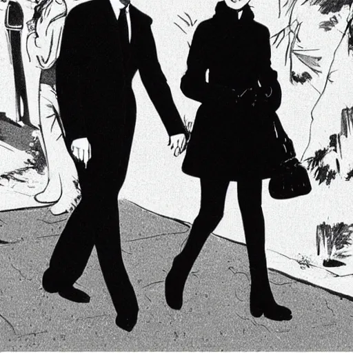 Image similar to illustration of Hubert de givenchy and Audrey Hepburn talking a walk highly detailed, cinematic