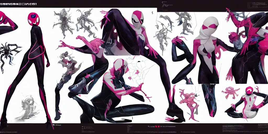 Image similar to spider gwen, character sheet, concept design, contrast, kim jung gi, greg rutkowski, zabrocki, karlkka, jayison devadas, trending on artstation, 8 k, ultra wide angle, pincushion lens effect