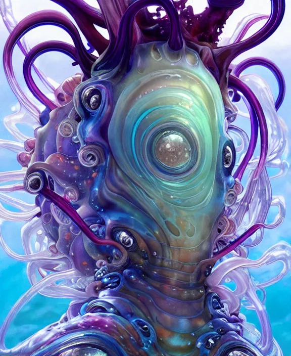 Prompt: intricate colorful transparent portrait of a terrifying beautiful alien sea slug creature, mottled coloring, adorable, childlike, biopunk environment, ultra realistic, concept art, art nouveau, photorealistic, octane render, 8 k, unreal engine. art by christopher marley and artgerm and greg rutkowski and alphonse mucha