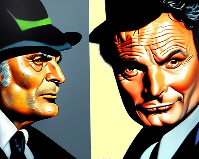 Prompt: peter falk's detective columbo meets adam west's batman, realistic, oil painting, hq scan, artstation trending