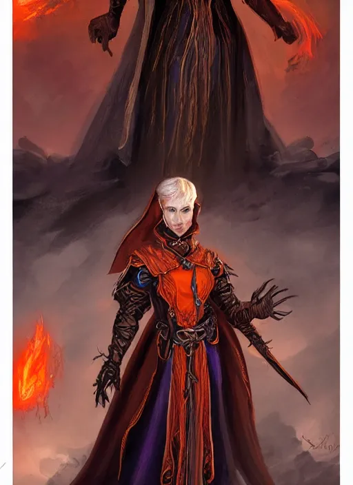 Image similar to dark orange cloak female priest, ultra detailed fantasy, dndbeyond, bright, colourful, concept sheet, realistic, dnd character portrait, full body, pathfinder, pinterest, art by ralph horsley, dnd, rpg, lotr game design fanart by concept art, behance hd, artstation, deviantart, hdr render in unreal engine 5