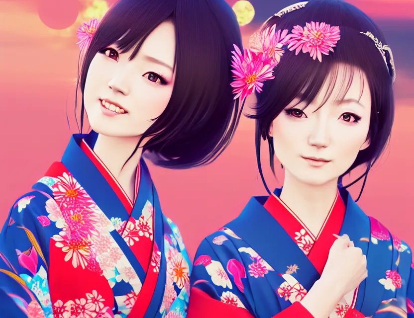 Image similar to two beautiful charming japan female superstar wear arty kimono in festival | | sunny night, festival,, realistic shaded, smile, good looking, hyper details, 4 k realistic, cryengine, realistic shaded lighting poster by ilya kuvshinov, fuji choko, ross tran, 8 k resolution, trending on artstation, luxury