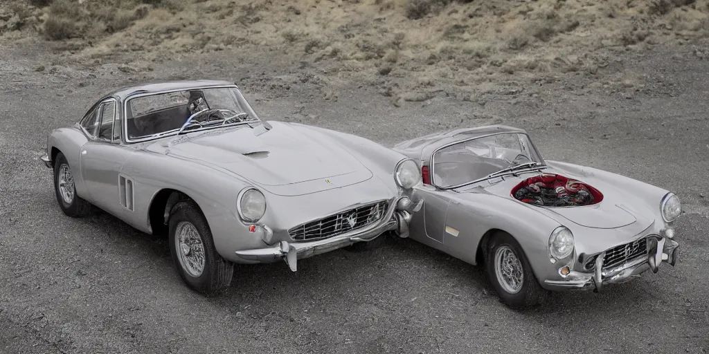 Prompt: photograph, 1958 FERRARI 250 GT, by Peter Singhof, press release, cinematic, Pacific Coast Highway, 8k, depth of field, bokeh.