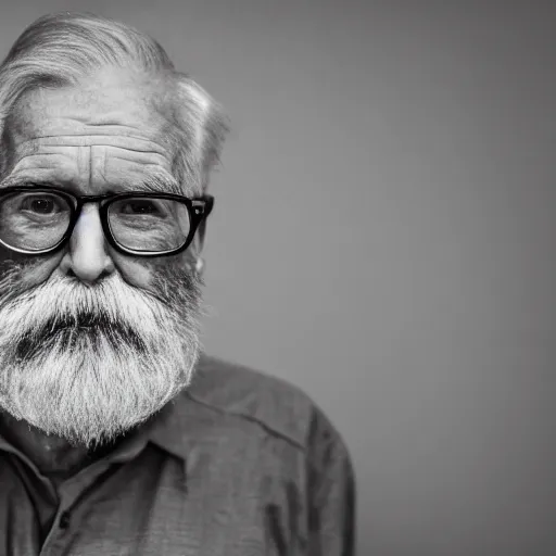 Prompt: high - resolution image. a portrait of an aged man with a melancholy expression and a 5 wrinkly face and large white beard. dslr camera with a large sensor. deep shadows and highlights. f / 2. 8 or f / 4. iso 1 6 0 0. shutter speed 1 / 6 0 sec. lightroom