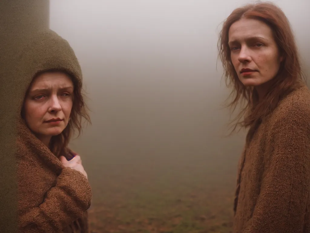 Image similar to close up portrait bust of woman, next to wood fence, tired expression, faded color film, russian cinema, tarkovsky, technicolor, heavy forest, wood cabin in distance, shallow depth of field, long brown hair, old clothing, heavy fog, atmospheric haze, brown color palette, sunset, low light, hudson river school, 4 k, dramatic lighting