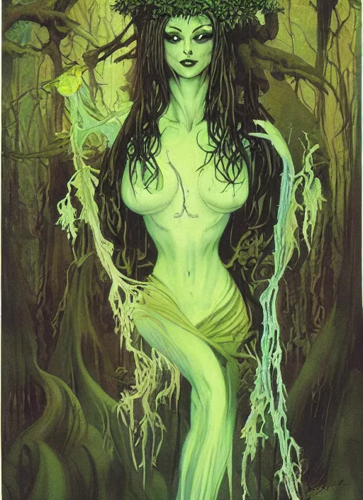 Image similar to mighty fey queen, vine dress, glowing forest, strong line, eerie color, beautiful! coherent! by frank frazetta, by brom