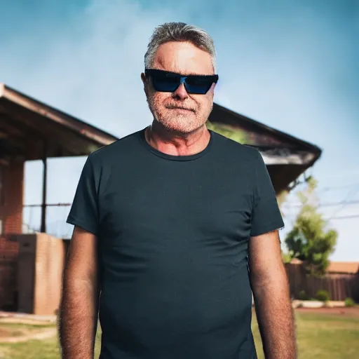 Prompt: a beautiful portrait of an extremely cool bloke wearing a pair of sunglasses being unfazed by the fact that his house is on fire, on a hot australian day, high quality, photography, volumetric lighting, 8 k