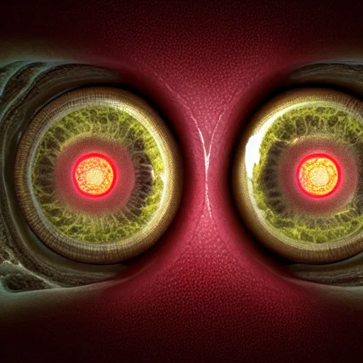 Image similar to two medical diagram eyeballs staring at each other. Octane render. ILM vfx.