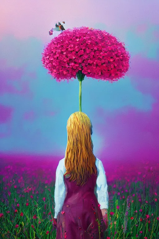 Image similar to closeup, giant flower head, girl in suit standing in a field of flowers, surreal photography, sunrise, blue sky, dramatic light, impressionist painting, digital painting, artstation, simon stalenhag