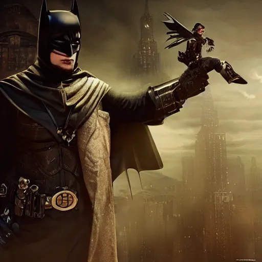 Image similar to epic portrait of a steampunk batman, movie still, cinematic, beautiful lighting, beautiful composition, illustration, digital matte painting, D&D, fantasy, intricate