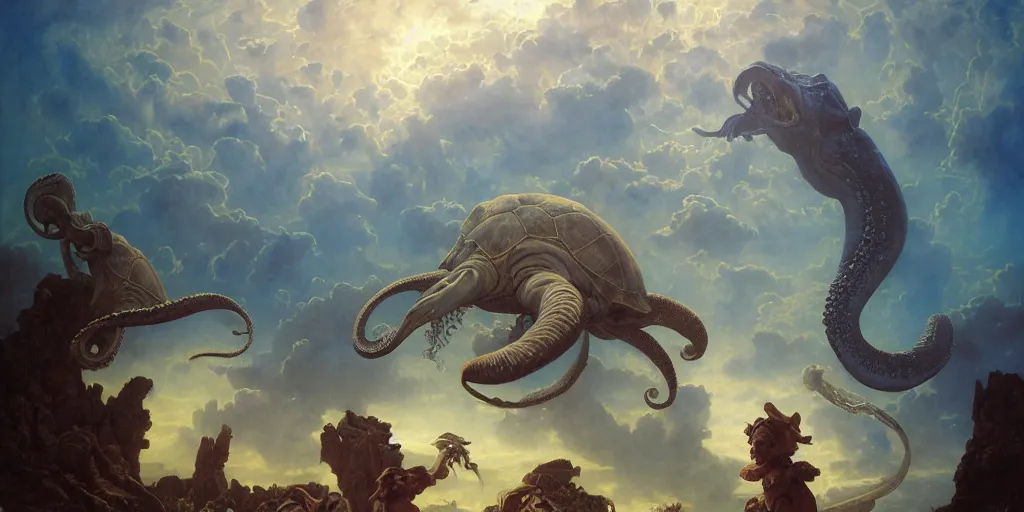 Image similar to Fantasy fairytale story, Great Leviathan Turtle, cephalopod, Cthulhu Squid Terrapin, Mysterious Island, center Universe, hybrid, Reptilian Cyborg, Mystical, Anubis Warrior, Atlantean, intense fantasy atmospheric lighting, hyperrealistic, William-Adolphe Bouguereau, François Boucher, Jessica Rossier, Michael Cheval, michael whelan, Cozy, hot springs hidden Cave, Forest, candlelight, natural light, lush plants and flowers, Spectacular Mountains, bright clouds, luminous stellar sky, outer worlds, Golden dapple lighting, Solar Flare Unreal Engine, HD,