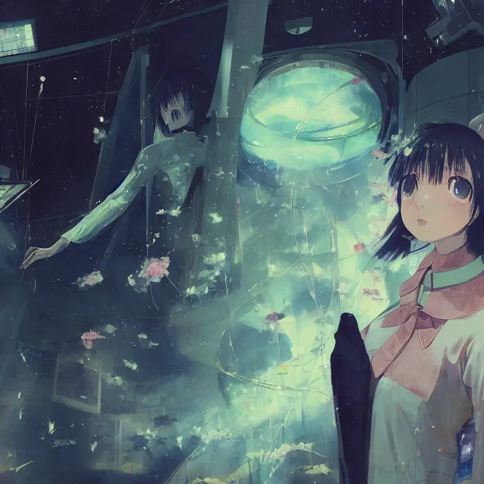 Image similar to Close up Iwakura Lain, epcot, inside a space station, eye of providence, Rei Ayanami, Tomas Sanchez, evening formal robes, digital illustration, Howl's Moving Castle, tranquil divine observer Nymph by ismail inceoglu nicola samori dragan bibin hans thoma greg rutkowski Alexandros Pyromallis Nekro Rene Margitte illustrated, official anime key media, hellscape, mind character, Environmental occlusion theme Jia, a William mans character, Artstation station female hyperdetailed with , rei ayanami