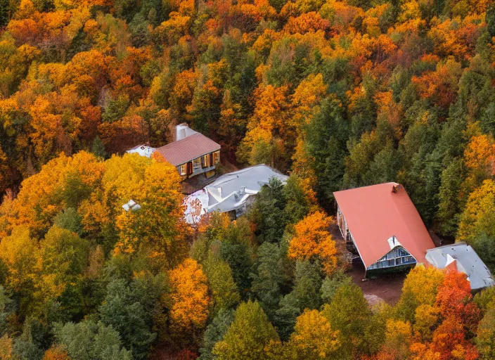 Image similar to low drone shot of a ranch style School in the middle of the Woods during autumn