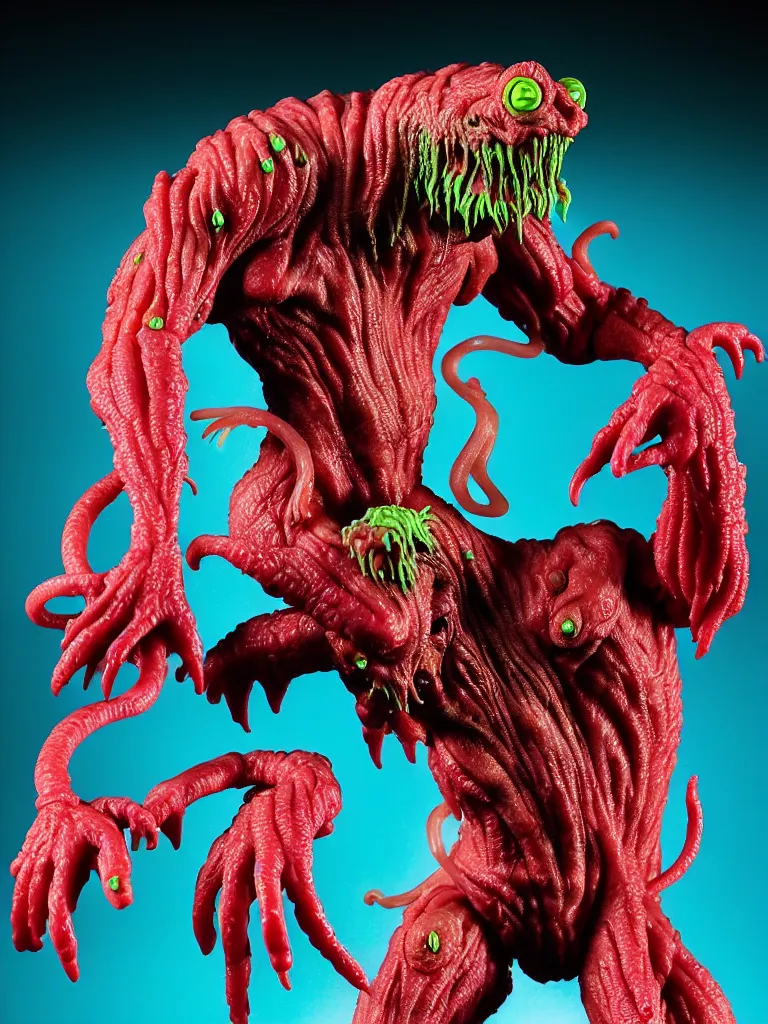 Image similar to hyperrealistic rendering, fat smooth cronenberg flesh monster predator by bernie wrightson and killian eng and joe fenton, product photography, action figure, sofubi, studio lighting, colored gels, colored background