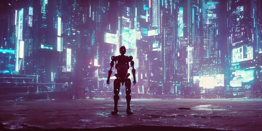 Image similar to Cyberpunk android chrome Robot dramatic movie scene, shot on imax, cinematic scene, cinematographic composition, CineStill 800T Film