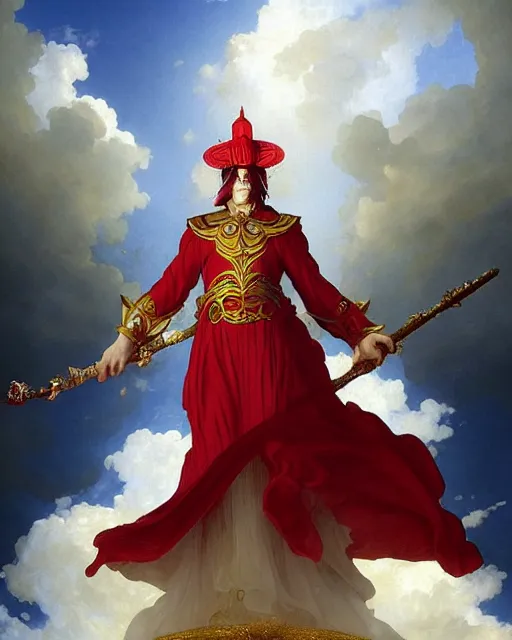 Image similar to A Full View of a Red Mage wearing red white and gold striped magical shining Conquistador armor and a feathered hat holding a staff of power surrounded by an epic cloudscape. Magus. Red Wizard. masterpiece. 4k digital illustration. by Ruan Jia and Artgerm and Andreas Rocha and William-Adolphe Bouguereau and Edmund Blair Leighton, award winning, Artstation, intricate details, realistic, Hyperdetailed, 8k resolution