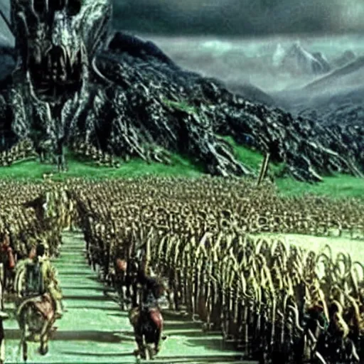 Prompt: still from lord of the rings showing the ride of the rohirrim, riding toward minas tirith