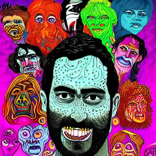 Image similar to a man with a psychedelic face with many deformed and chaotic monsters on his face