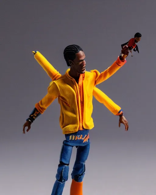 Image similar to 1970s action figure of Travis Scott, product photography, plastic toy, white background, isolated background, studio lighting