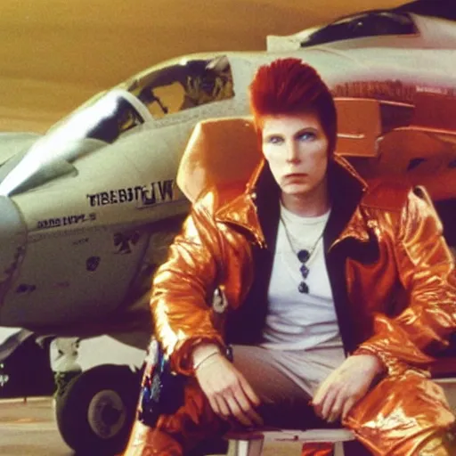 Image similar to photograph of ziggy stardust sitting in the front seat of a grumman f - 1 4 tomcat, hyperrealistic, detailed,