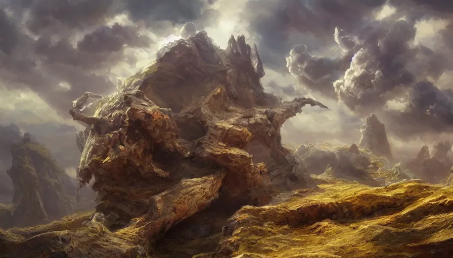 Prompt: excellent painted deamon in a surreal landscape in another dimension with fluffy clouds, painted by Hans Fredrik Gude, Greg Rutkowksi, Craig Mullins and Artgerm, concept art 2022, 4k, ultra realistic highly detailed oil painting