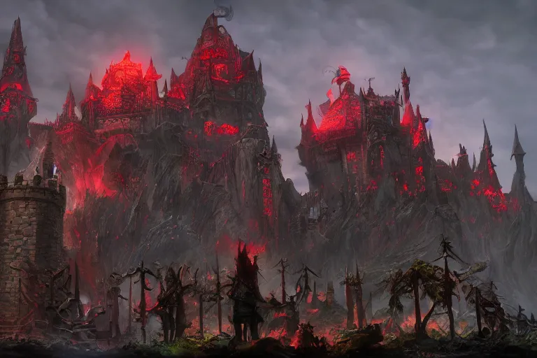 Image similar to big evil castle - city rock dark shadow elves, might and magic heroes vii, dark fantasy, shadows, artstation trending, unreal engine 5, red