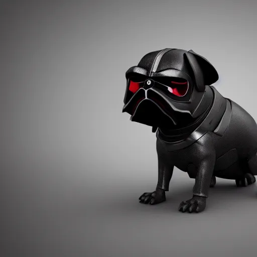 Prompt: 3 d rendered hyper realistic hyper detailed black pug wearing a pug - shaped darth vader helmet, octane render, blender, 8 k