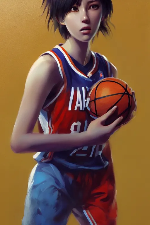 Image similar to A ultradetailed beautiful panting of a stylish girl wearing a basketball jersey, Oil painting, by Ilya Kuvshinov, Greg Rutkowski and Makoto Shinkai