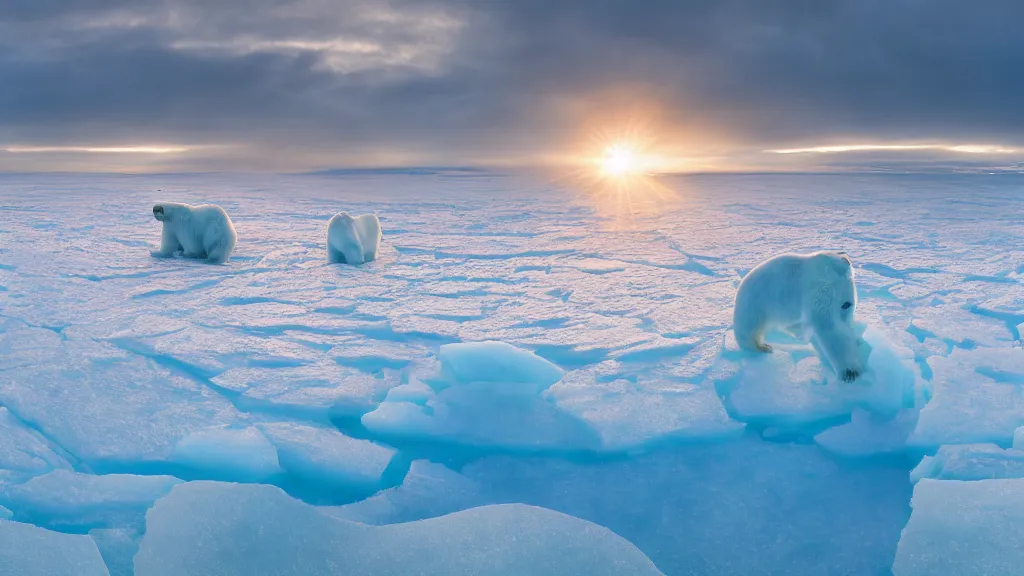 Prompt: photo of the most beautiful panoramic landscape, where a giant iceberg is lost in the frozen artic ocean, a giant polar bear is exhaling steam while walking over the iceberg, the frozen artic ocean is reflecting the giant polar bear and the ray lights of the sunrise are brightening him