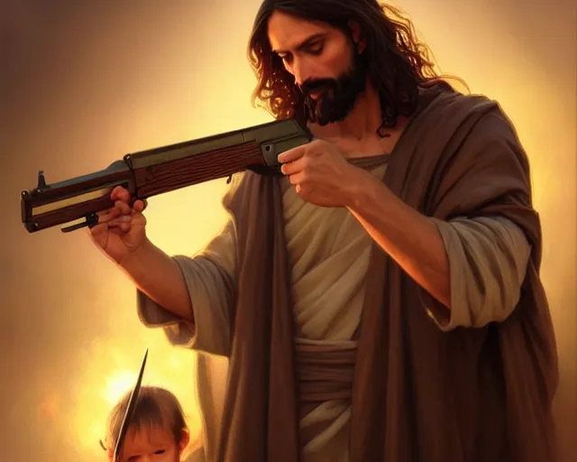 Image similar to photography of jesus christ pointing ak 4 7 to a small child wrapped in toilet paper, deep focus, d & d, fantasy, intricate, elegant, highly detailed, digital painting, artstation, concept art, matte, sharp focus, illustration, hearthstone, art by artgerm and greg rutkowski and alphonse mucha