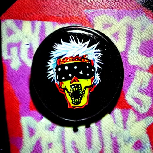 Prompt: painting on a badge, punks not dead!, exploited!!, clash, junk yard, rats!!, god save the queen, punk rock album cover art style, grunge, no future