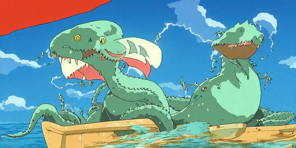 Image similar to Studio Ghibli image of a cute sea monster on a boat wholesome animation sharp Bloom dramatic lightning very sunny