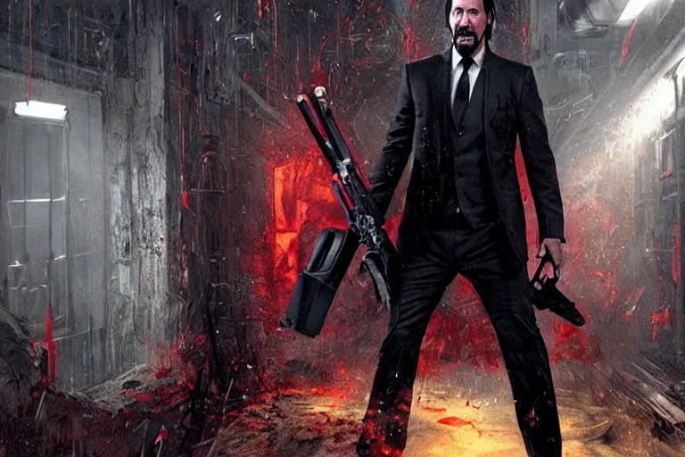 Image similar to keanu reeves as john wick, holding a chainsaw, cinematic, doom eternal concept art