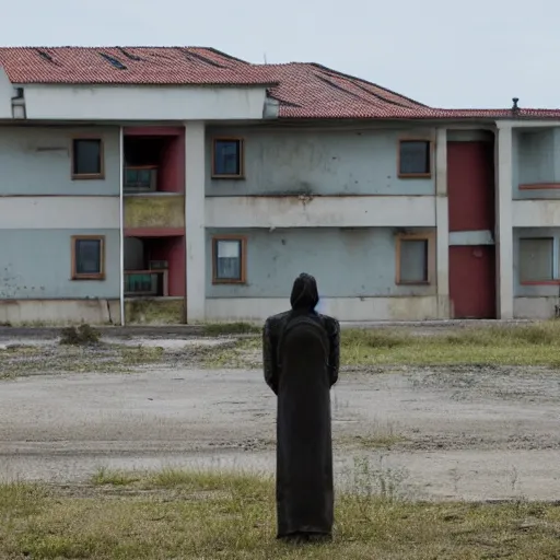 Prompt: an alien standing in front of a soviet apartment complex, eikon, khruschevka