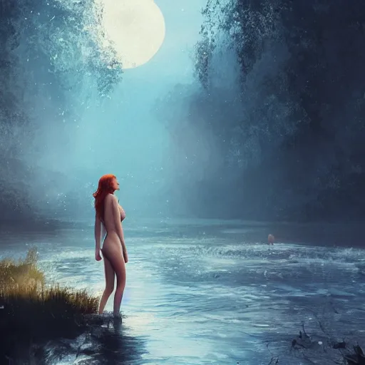 Image similar to redhead beautiful girl bathing in a river, night, moonlight,, beautiful landscape, cinematic, relaxing, extremly high detail, photorealistic, cinematic lighting, post processed, concept art, artstation, matte painting, style by greg rutkowsky