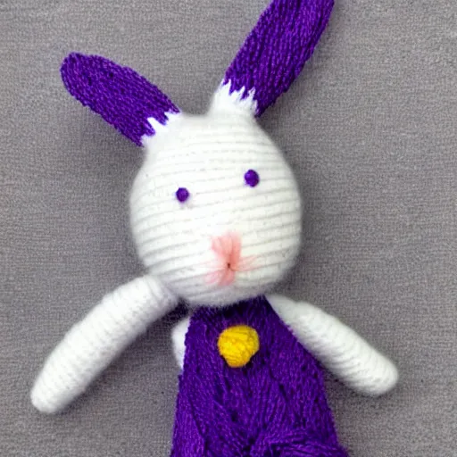 Prompt: a white bunny with purple accents made of yarn