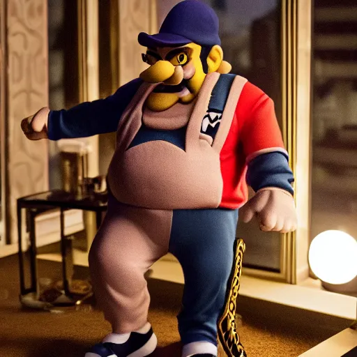 Image similar to cinematic shot of Wario wearing designer clothing and a gold chain in a luxury penthouse at night, 8k, dslr, professional lighting,