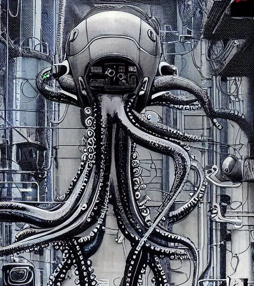 Prompt: a cybernetic realistic octopus in a space station, techwear, Industrial Scifi, detailed illustration, character portrait, by Martin Grip Banksy and Moebius