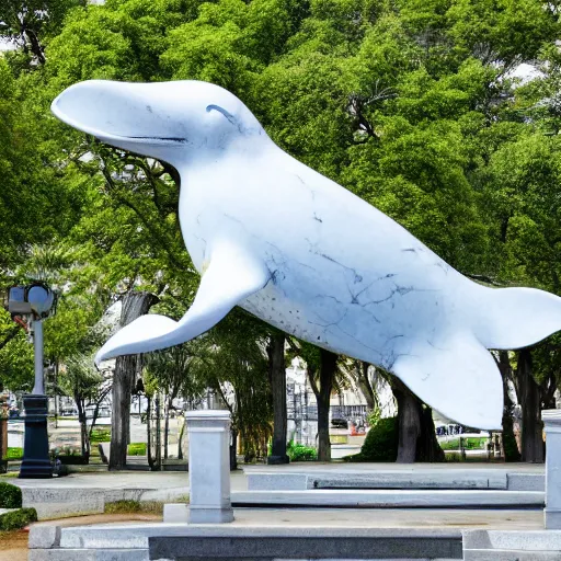 Image similar to huge marble statue of a whale with legs in a public park, hi - res photo