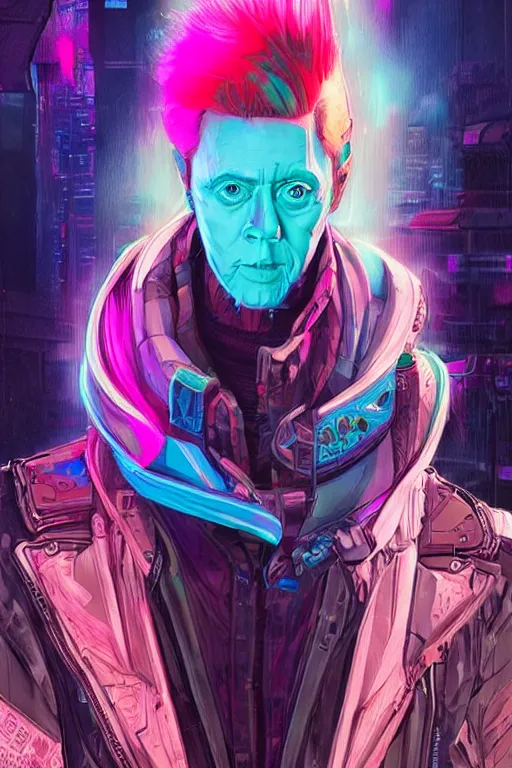 Prompt: a cyberpunk christopher walken with blue and pink hair, neon colors, hyper detailed, digital art, cinematic lighting, concept art by artgerm and moebius and jakub rebelka