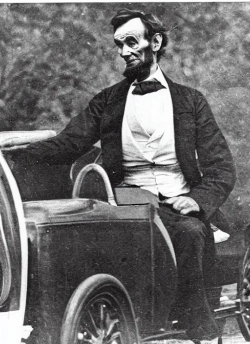 Prompt: old photo of Abraham Lincoln driving a convertible miata