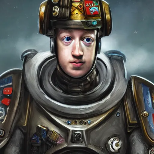 Image similar to epic game portrait, beautifully detailed, hyper realistic. mark zuckerberg as artificial intelligence in warhammer 4 0 k. by josh kirby