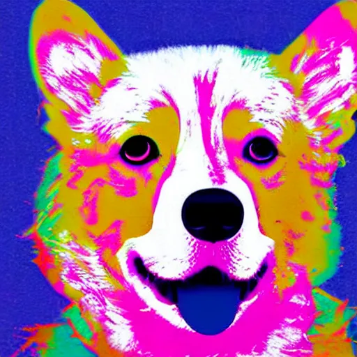 Image similar to corgi digital art in the style andy warhol, similar in design to marilyn diptych, high saturation, colorful, many different colors