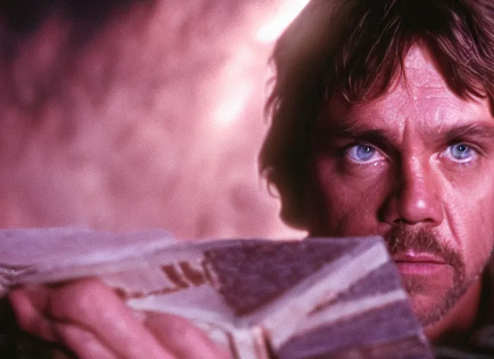 Prompt: detailed protrait photo of Luke skywalker uncovering the ancient jedi texts. a pink hazy ethereal cave from indiana jones, screenshot from the 1985 film, Photographed with Leica Summilux-M 24 mm lens, ISO 100, f/8, Portra 400