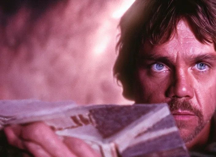 Image similar to detailed protrait photo of Luke skywalker uncovering the ancient jedi texts. a pink hazy ethereal cave from indiana jones, screenshot from the 1985 film, Photographed with Leica Summilux-M 24 mm lens, ISO 100, f/8, Portra 400