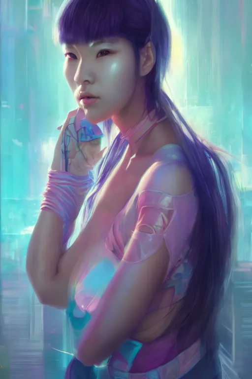 Image similar to stunning highly detailed portrait of a beautiful asian female cyberpunk, soft lighting, pastel neon colors, oil on canvas, strong lighting, by Mandy Jurgens, HD, 4K