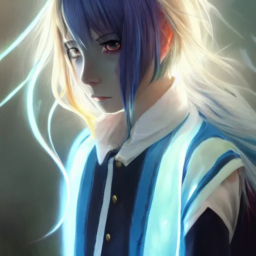 Prompt: profile shot of rimuru tempest, sky blue straight hair, long bangs, gold eyes, wearing a black jacket with white stripes, high collar, ultra detailed, stunning visuals, digital painting, cinematic, wlop, artgerm, pixiv, yoshitaka amano, greg rutkowski, ilya kuvshinov, andy warhol